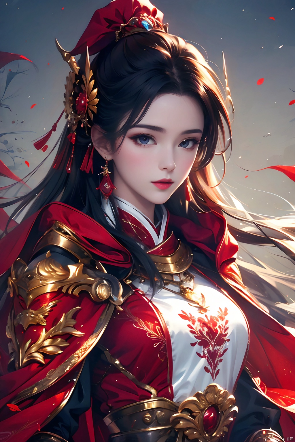  High quality, masterpiece, 1girl,red armor,Cloak,