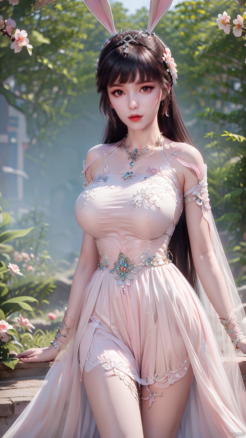  a girl,,rabbit ear hair accessories,breastplate,shoulder_armor,pink white dress,upper body and upper thighs,