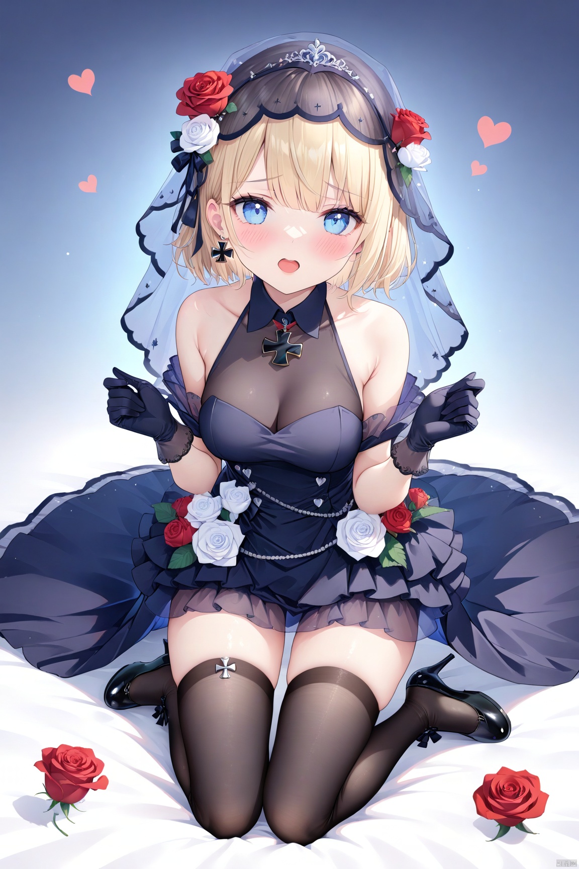  1girl,(masterpiece:1.3),( beautiful:1.2),(high quality:1.2),(finely detailed:1.2),extremely detailed CG unity 8k wallpaper,best quality,a very delicate and beautiful,perfect fingers,(one cute girl at the center:1.2),blush, shy,looking_at_viewer,open_mouth,

 short hair, bangs, blue eyes, blonde hair, thighhighs, gloves, dress, bare shoulders, medium breasts, flower, heart, sleeveless, black gloves, black thighhighs, black footwear, black dress, high heels, official alternate costume, zettai ryouiki, sleeveless dress, rose, white flower, red flower, veil, red rose, wedding dress, iron cross, white rose, nimiWedding, nimiAL