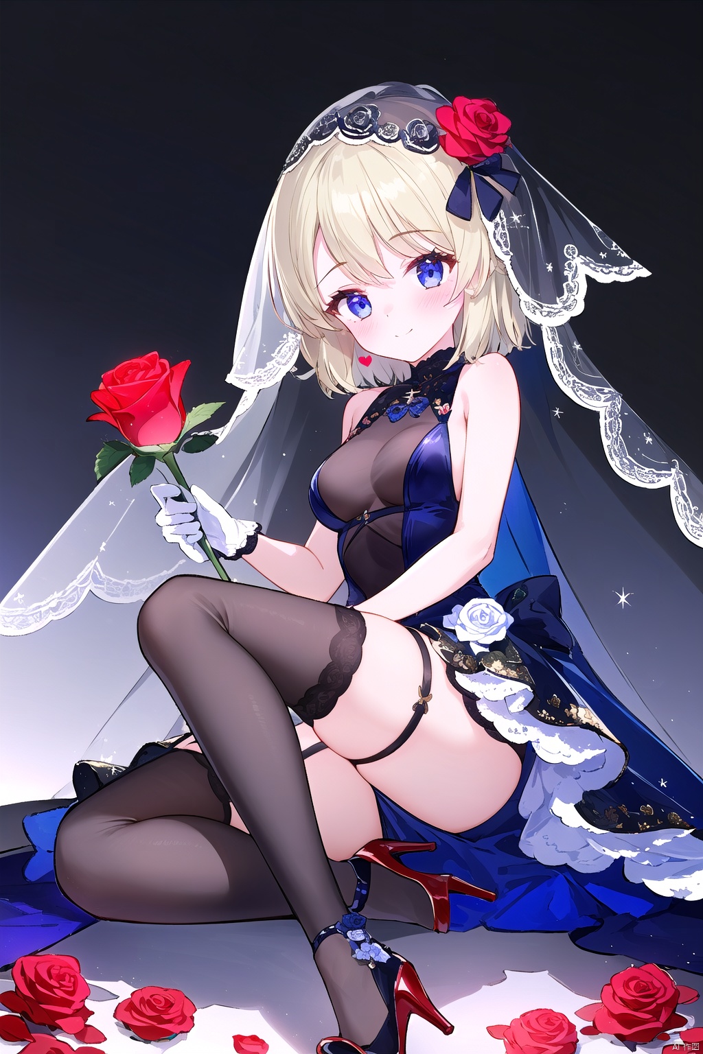  1girl,solo,(masterpiece:1.3),( beautiful:1.2),(high quality:1.2),(finely detailed:1.2),extremely detailed CG unity 8k wallpaper,best quality,a very delicate and beautiful,(perfect fingers),(one cute girl at the center:1.2),blush,smile,shy,looking_at_viewer,

 short hair, bangs, blue eyes, blonde hair, thighhighs, gloves, dress, bare shoulders, medium breasts, flower, heart, sleeveless, black gloves, black thighhighs, black footwear, black dress, high heels, official alternate costume, zettai ryouiki, sleeveless dress, rose, white flower, red flower, veil, red rose, wedding dress, iron cross, white rose, nimiWedding, nimiAL