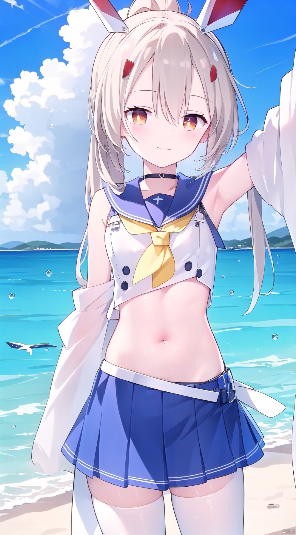 1girl,solo,(masterpiece:1.3),( beautiful:1.2),(high quality:1.2),(finely detailed:1.2),extremely detailed CG unity 8k wallpaper,best quality,a very delicate and beautiful,(perfect fingers),(one cute girl at the center:1.2),blush,smile,shy,looking_at_viewer,

 long hair, breasts, bangs, skirt, blonde hair, hair ornament, thighhighs, navel, hair between eyes, medium breasts, school uniform, ponytail, pleated skirt, detached sleeves, serafuku, choker, hairclip, midriff, belt, wide sleeves, white thighhighs, blue skirt, crop top, orange eyes, ascot, ((headgear)), bandaid, bandaid on arm, ayanami \(azur lane\), 
showing_armpit, armpit,
standing, ayanamiAL, 1hand on hip, cowboy_shot,ocean,water,sky,cloud,blue sky,ayanamiIdol,ayanamiWedding