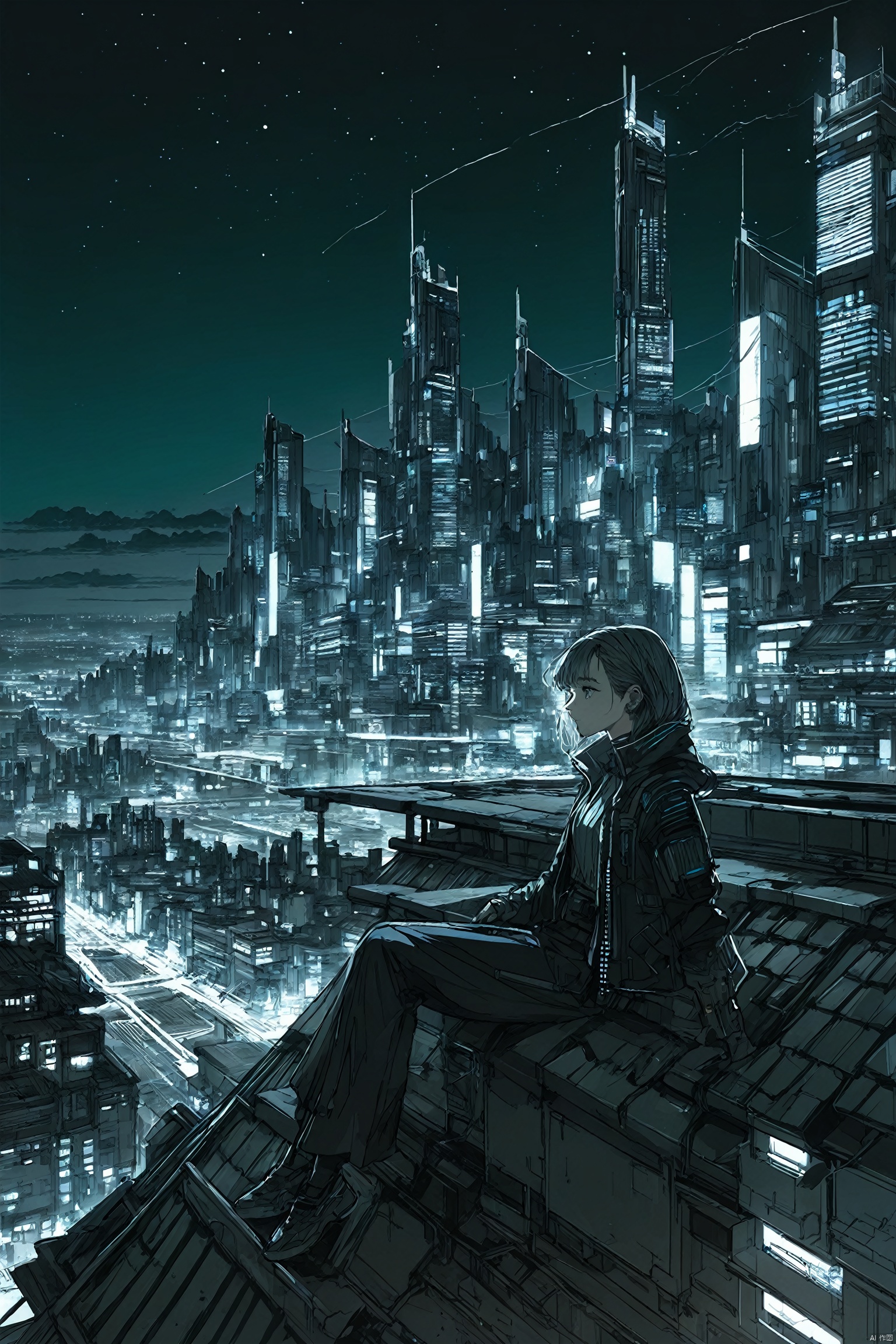  1girl,upper body,cyberpunk,future city,night,sitting on the roof,beautiful,masterpiece,extremely detailed,best quality,very aesthetic, line art, as style.line style,