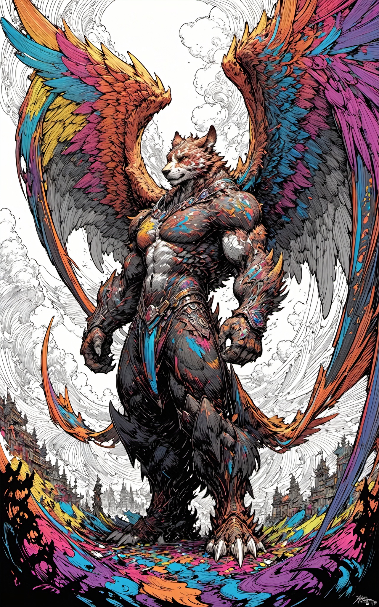  masterpiece,best quality, line art,line style,furry ,color chaos theme，giant wings，