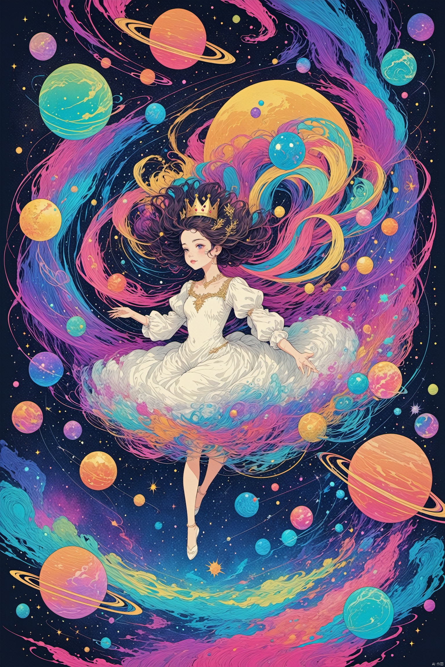 line art,line style,as style,best quality,masterpiece,
The image depicts a girl with a crown on her head, flying through a colorful and abstract universe. She is surrounded by swirling patterns that resemble galaxies and planets, and there are small bubbles and spheres floating around her. digital art, illustration, girl, crown, flying, universe, galaxy, planet, bubble, sphere,