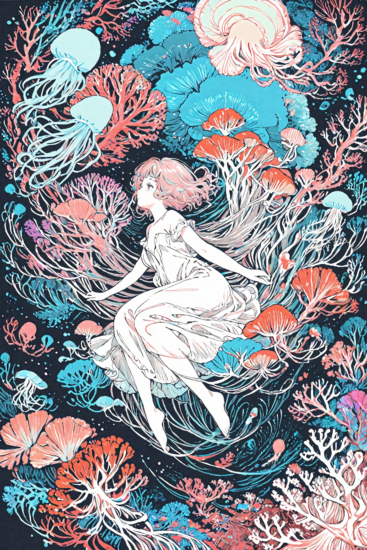  line art,line style,A young girl, exquisite and beautiful, with deep-sea fish and various colors of coral and jellyfish, sea anemones, corals, psychedelic, various marine creatures, bright color combinations, fantasy7033, sangonomiyakokom, waterM, line art