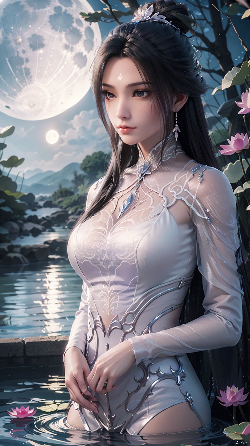  a girl,,upper body and upper thighs,moon,black hair,long hair,water,sky,solo,flower,night,cloud,purple element,front lighting,sunshine shining on the face,flowersea,,fantasticscenes,,,sit down,extend one legstraight,lotus,,