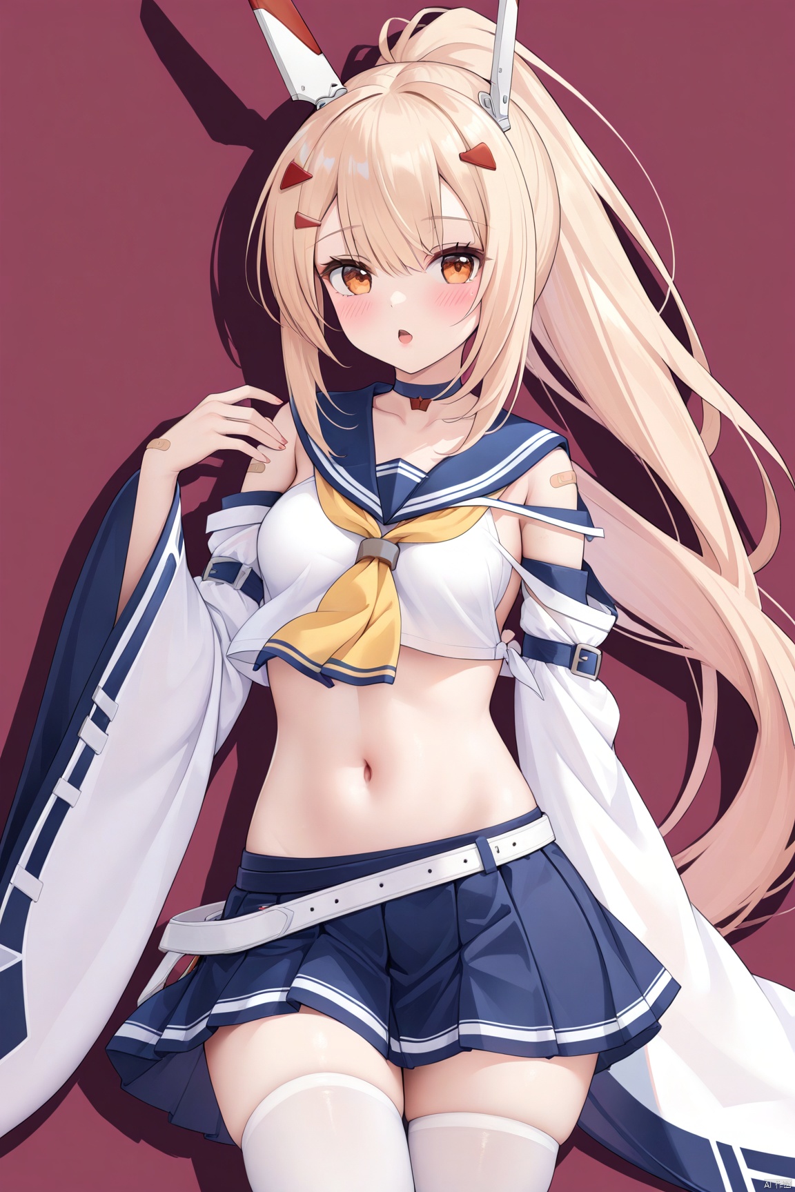  1girl,(masterpiece:1.3),( beautiful:1.2),(high quality:1.2),(finely detailed:1.2),extremely detailed CG unity 8k wallpaper,best quality,a very delicate and beautiful,perfect fingers,(one cute girl at the center:1.2),blush, looking_at_viewer,open_mouth,

 long hair, breasts, bangs, skirt, blonde hair, hair ornament, thighhighs, navel, hair between eyes, medium breasts, school uniform, ponytail, pleated skirt, detached sleeves, serafuku, choker, hairclip, midriff, belt, wide sleeves, white thighhighs, blue skirt, crop top, orange eyes, ascot, headgear, bandaid, bandaid on arm, ayanami \(azurlane\), ayanamiAL