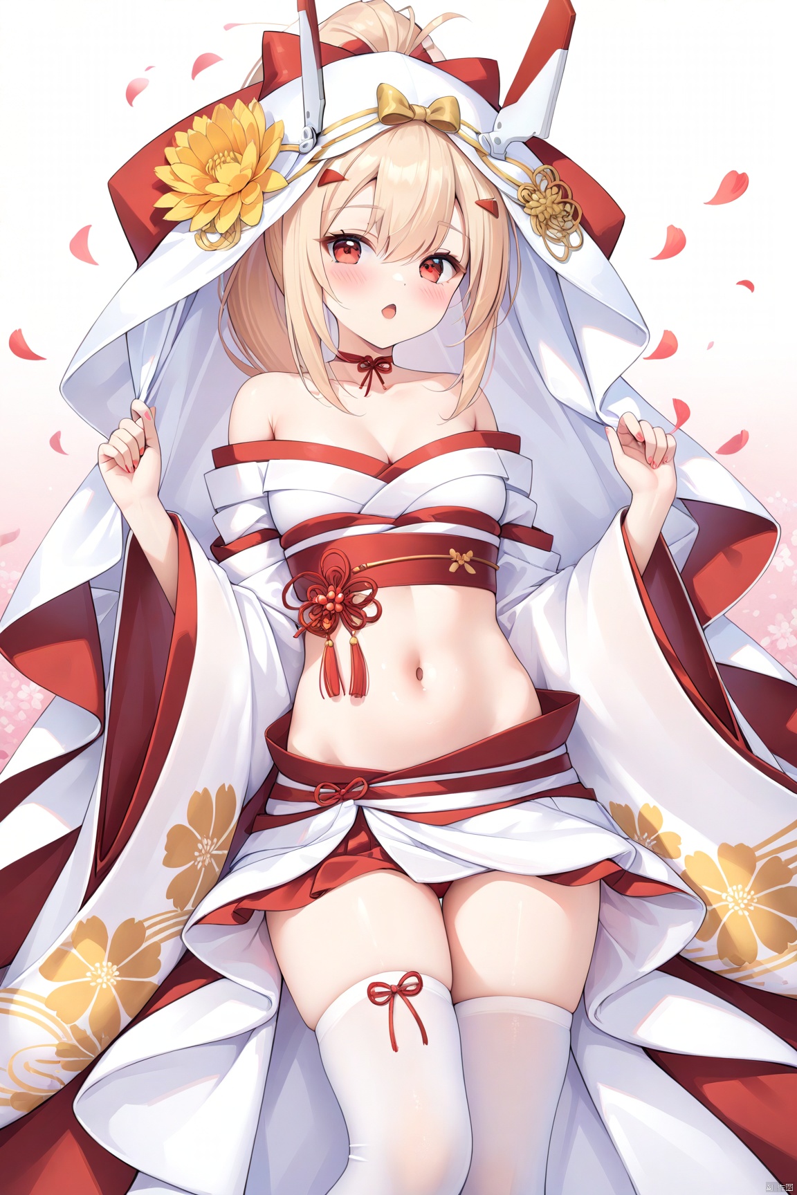  1girl,(masterpiece:1.3),( beautiful:1.2),(high quality:1.2),(finely detailed:1.2),extremely detailed CG unity 8k wallpaper,best quality,a very delicate and beautiful,perfect fingers,(one cute girl at the center:1.2),blush, looking_at_viewer,open_mouth,

 long hair, breasts, bangs, hair ornament, red eyes, thighhighs, long sleeves, bow, navel, hair between eyes, bare shoulders, collarbone, ponytail, flower, sidelocks, japanese clothes, choker, midriff, hood, wide sleeves, kimono, stomach, white thighhighs, head tilt, sleeves past wrists, petals, headgear, high ponytail, veil, white kimono, uchikake, ayanamiWedding, ayanamiAL