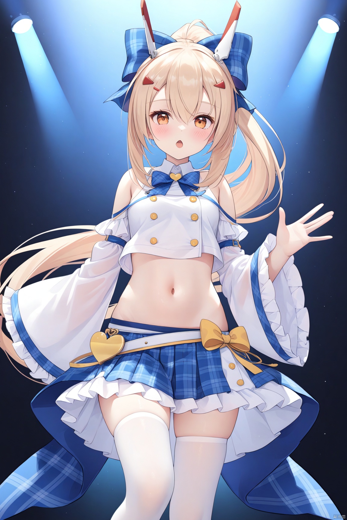  1girl,(masterpiece:1.3),( beautiful:1.2),(high quality:1.2),(finely detailed:1.2),extremely detailed CG unity 8k wallpaper,best quality,a very delicate and beautiful,perfect fingers,(one cute girl at the center:1.2),blush, looking_at_viewer,open_mouth,

long hair, breasts, bangs, skirt, blonde hair, shirt, hair ornament, thighhighs, long sleeves, bow, navel, hair between eyes, bare shoulders, white shirt, ponytail,  hair bow, sidelocks, pleated skirt, frills, detached sleeves, shoes, hairclip, midriff, miniskirt, wide sleeves, stomach, white thighhighs, official alternate costume, blue skirt, zettai ryouiki, crop top, orange eyes, ((plaid)), sleeveless shirt, headgear, ((blue bow)), plaid skirt, idol,heart, ayanamiIdol, ayanamiAL,ayanami \(azurlane\), ribbon, buttons, belts,stage,spotlight,stage light, frills,