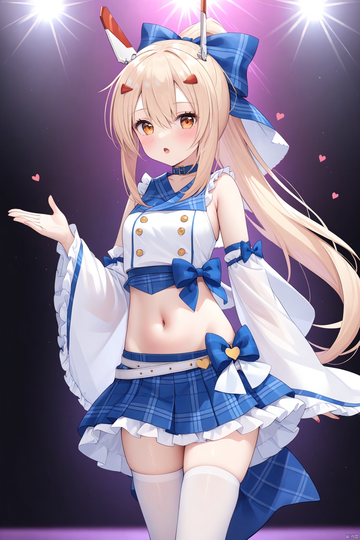  1girl,(masterpiece:1.3),( beautiful:1.2),(high quality:1.2),(finely detailed:1.2),extremely detailed CG unity 8k wallpaper,best quality,a very delicate and beautiful,perfect fingers,(one cute girl at the center:1.2),blush, looking_at_viewer,open_mouth,

long hair, breasts, bangs, skirt, blonde hair, shirt, hair ornament, thighhighs, long sleeves, bow, navel, hair between eyes, bare shoulders, white shirt, ponytail, hair bow, sidelocks, pleated skirt, frills, detached sleeves, shoes, hairclip, midriff, miniskirt, wide sleeves, stomach, white thighhighs, official alternate costume, blue skirt, zettai ryouiki, crop top, orange eyes, ((plaid)), sleeveless shirt, headgear, ((blue bow)), plaid skirt, idol,heart, ayanamiIdol, ayanamiAL,ayanami \(azurlane\), ribbon, buttons, belts,stage,spotlight,stage light, frills, blue collar,