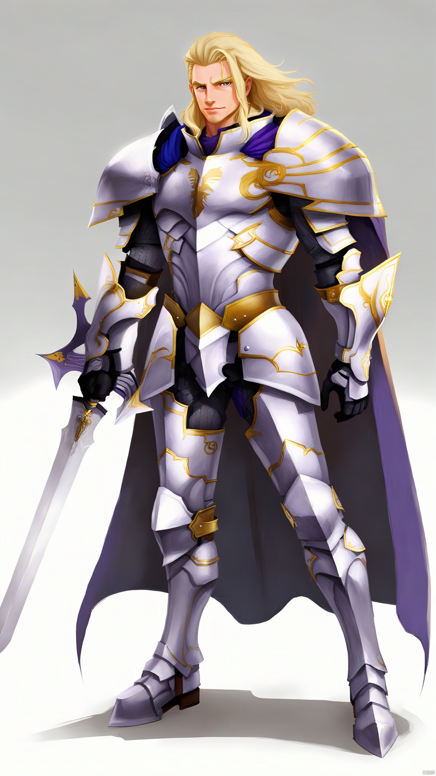 European and American cartoons, game character style, 1boy, male focus, armor, solo, weapon, sword, blonde hair, cape, full body, standing, purple cape, white background, holding, breastplate, holding weapon, simple background, shoulder armor, holding sword, looking at viewer, armored boots, boots, closed mouth, long hair, facial hair, pauldrons, smile, sheath