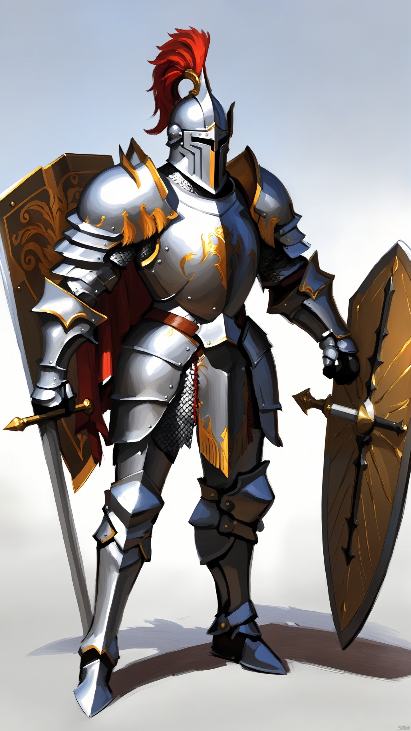 armor, weapon, helmet, full armor, solo, shield, gauntlets, holding, polearm, holding weapon, standing, breastplate, shoulder armor, pauldrons, holding shield, full body, helm, ambiguous gender, holding polearm, knight, 1other, male focus, plume