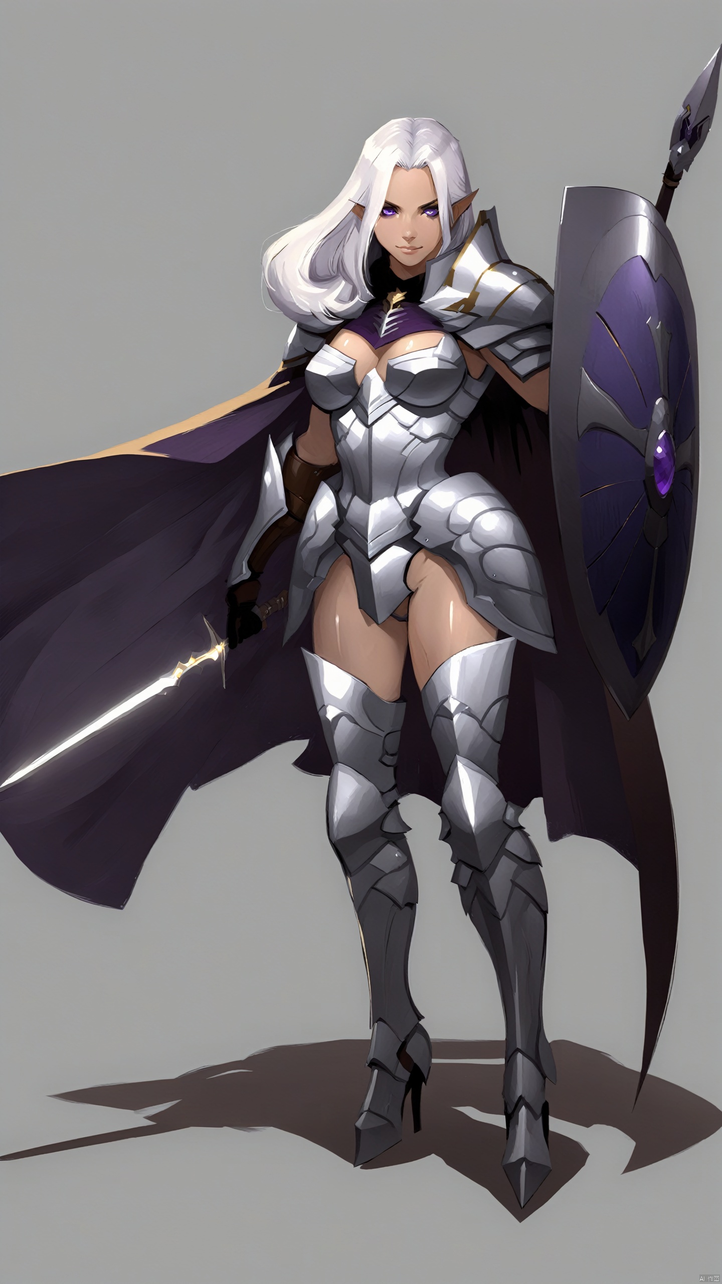 European and American cartoons, game character style, 1girl, weapon, shield, armor, solo, polearm, holding, purple eyes, long hair, shoulder armor, spear, white background, earrings, mask, jewelry, holding weapon, simple background, grey hair, high heels, full body, standing, smile, pauldrons, holding shield, holding polearm, breastplate, breasts, cape, looking at viewer, open mouth, facial mark