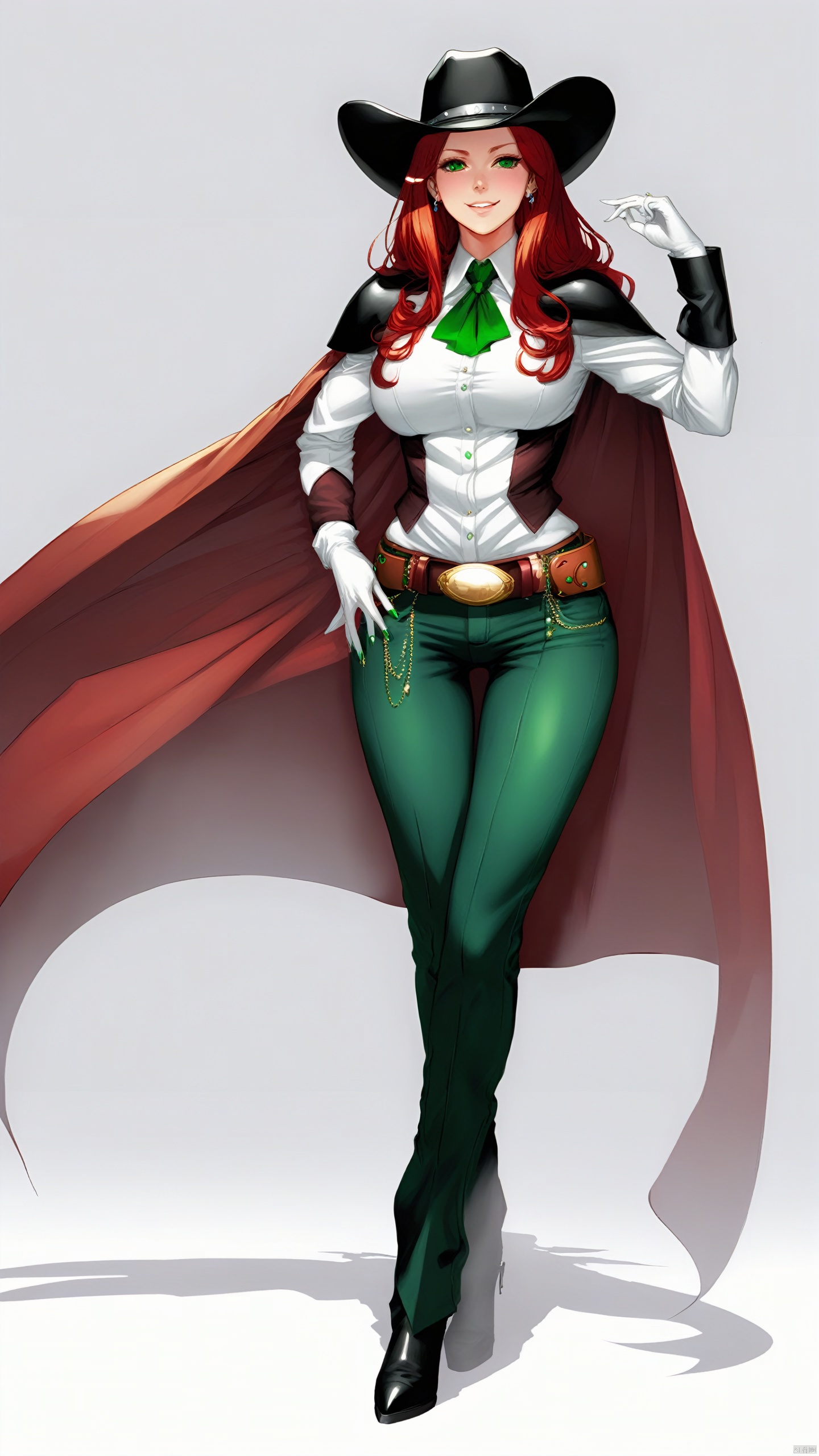 European and American comics, game character style, 1 girl, single, long hair, pants, red hair, red nails, jewelry, green eyes, cape, white background, earrings, smile, hands on hips, simple background, black pants, long sleeves, nails, looking at the audience, belt, nail polish, hold, breasts, rings, tie, puffy sleeves, counterpoint, cowboy shot, vest, Shirt, hands raised, medium breasts, standing, sharp nails