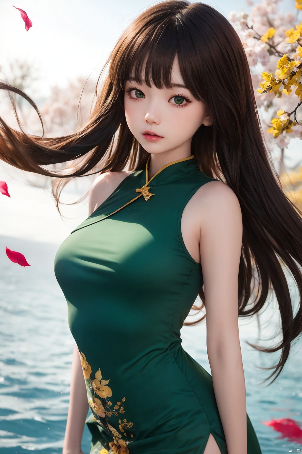  1girl, falling_petals, yellow petals, bresk, green dress,cowboy shot,chinese dress