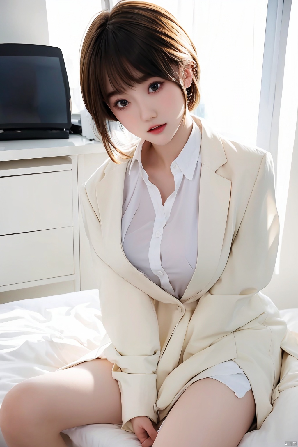 1 girl sitting on the bedroom bed, wearing sexy clothes, school uniform, uniform, white clothes, outdoor light shining into the room, sexy face, charming expression, hands supporting, sitting, super realistic, best quality, ultra-high definition, biting lips, half body, up close, close-up, linzhiling, office lady