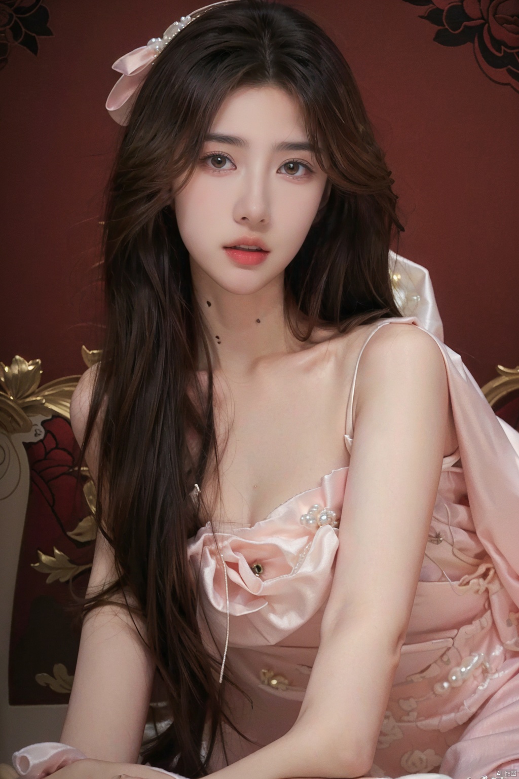  (beautiful and elegant girl:1.3),(close-up:1.2),sitting,a dress inlaid with pearls,(fashion clothing design:1.1),veil,black hair,
,Pink coral,shell,coral hair accessories,pink atmosphere, (masterpiece:1.2), best quality, masterpiece, highres, original, extremely detailed wallpaper, perfect lighting,(extremely detailed CG:1.2）