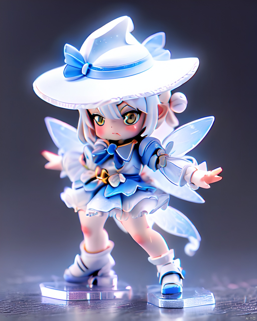  gdsj,(Full body photo),1 Transparent cute fairy,(Exquisite hat:1.2),Fantasy glow,clean,white background,(Raytracing, HDR, Reasonable design, High detail, Masterpiece, Best quality, Ultra HD),light blueuniform,, ( figma:0.8)