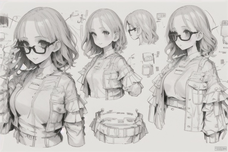 a  girl , glasses, chets, Multiple parts