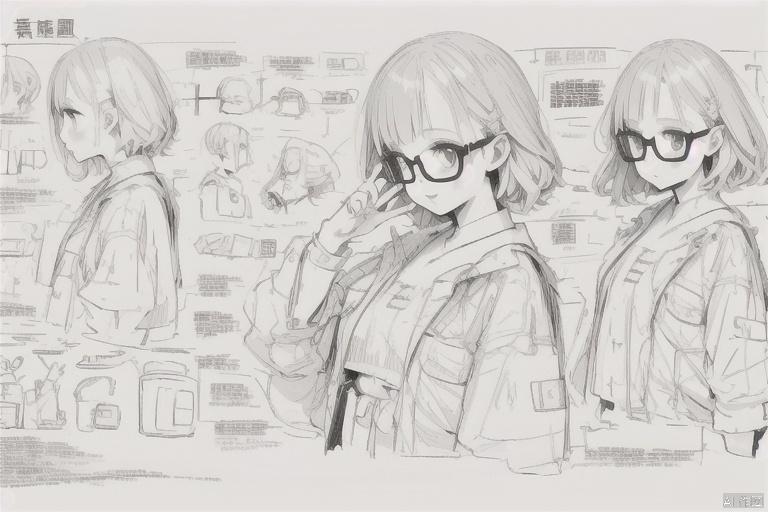 a  girl , glasses, chets, Multiple parts,图解