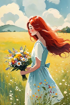 a girl with bright red hair,wearing a sundress and holding a bouquet of wildflowers,standing in a field of tall grass with a soft breeze blowing through,close up. BREAK the scene should capture the whimsical and carefree style of Sakimichan,with a sense of peace and tranquility in the air.,CGArt Illustrator,CJ painting,