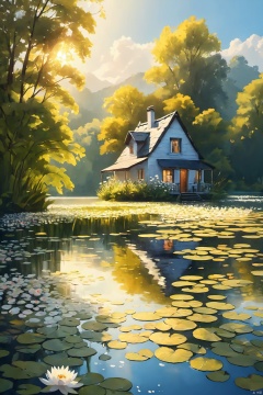 (extremely detailed CG unity 8k wallpaper),(((masterpiece))), (((best quality))), ((ultra-detailed)), (best illustration),(best shadow), ((an extremely delicate and beautiful)),dynamic angle, close-up of a small house by the lake, beautiful sunny summer day, water lilies in the lake blooming, lush plants, sunlight shining through the white clouds, bold colors, fairy tale, fantasy,wind,classic, (detailed light),feather, nature, (sunlight),beautiful and delicate water,(painting),(sketch),(bloom),(shine), high resolution, high contrast ratio, high detail, high texture, texture surreal high quality figure, ultra high quality, golden ratio