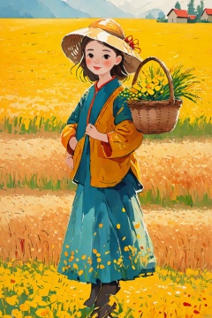 a girl standing in the field,holding a basket in one hand,the other hand waving in the air to say hello,1 girl,autumn,field,flower field,grass,nature,outdoor,solo,rice,mature rice,harvest,yellow theme. beautiful background,bichu,oil painting,Impressionism,