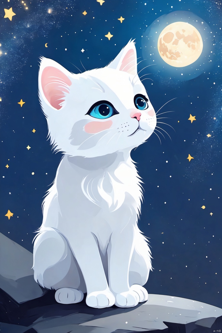 a white little cat looking at the stars in the moon, digital art