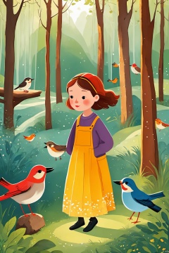 Children's picture book style,Overall,this is a beautiful and serene image that captures the essence of a  in the woods. The woman's calm demeanor and the birds' activity add a sense of liveliness to the scene,making it a captivating and memorable image.,