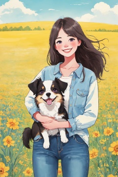 1girl,dog,purple eyes,long hair,smile,flower,looking at viewer,open mouth,blush,outdoors,denim,bangs,long sleeves,solo,shirt,pants,yellow flower,flower field,:d,field,holding the dog,turquoise shirt,teeth,brown hair,sky,day,black hair,cowboy shot,jeans,upper teeth only,standing,DCHF,twoha,