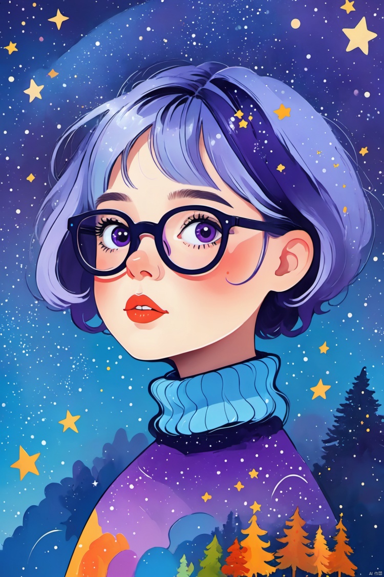 Children's picture book style,female character,galaxy-themed clothing,turtleneck sweater,glasses,short hair,blue hair with a hint of purple,big round eyes,light abstract background,stars,constellations,trees silhouettes,vibrant colors,celestial,whimsical,portrait,colorful,modern art,Illustration,