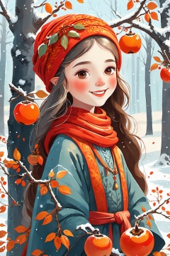 (masterpiece, best quality:1.2),illustration,4k,Autumn,first frost solar term,persimmon tree,covered with persimmons,persimmons with frost,a little girl Magic wand in hand,Beautiful little elves flying around,she wore two braided hair,wearing a headscarf,wearing a long skirt,wearing a red scar,eyes big,red face,laughing eyes on covered is young on,narrowed into a sea am,the picture warm tone,warm,beautiful background colorful background forest background,