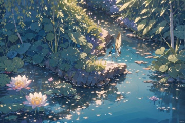 (extremely detailed CG unity 8k wallpaper),(((masterpiece))), (((best quality))), ((ultra-detailed)), (best illustration),(best shadow), ((an extremely delicate and beautiful)),dynamic angle, close-up of a small house by the lake, beautiful sunny summer day, water lilies in the lake blooming, lush plants, sunlight shining through the white clouds, bold colors, fairy tale, fantasy,wind,classic, (detailed light),feather, nature, (sunlight),beautiful and delicate water,(painting),(sketch),(bloom),(shine), high resolution, high contrast ratio, high detail, high texture, texture surreal high quality figure, ultra high quality, golden ratio, maimai