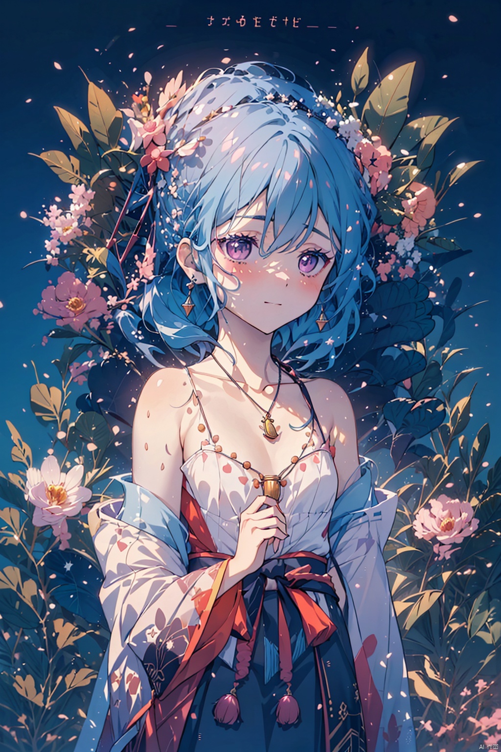 masterpiece,best quality,best quality,official art,extremely detailed CG unity 8k wallpaper,(1girl:1.3),cute face,blush,black eyes,pink eyeshadow,flat chest,hanfu,(Out of the shoulders),pendant,jewelry,jewelry,(earrings:1.1),(bell:1.1),(necklace:1.1),hair ribbon,Hand on chest,hair_ornament,hair_flower,Bright necklace,Out of the shoulders,Perfect hand,(collarbone:1.1),cleavage,(Shoulder trim:1.2),(Chest decoration:1.3),Look to the sky,(Look the other way:1.2),(Fineskindetails:1.1),mix4,machinery,Open chest,