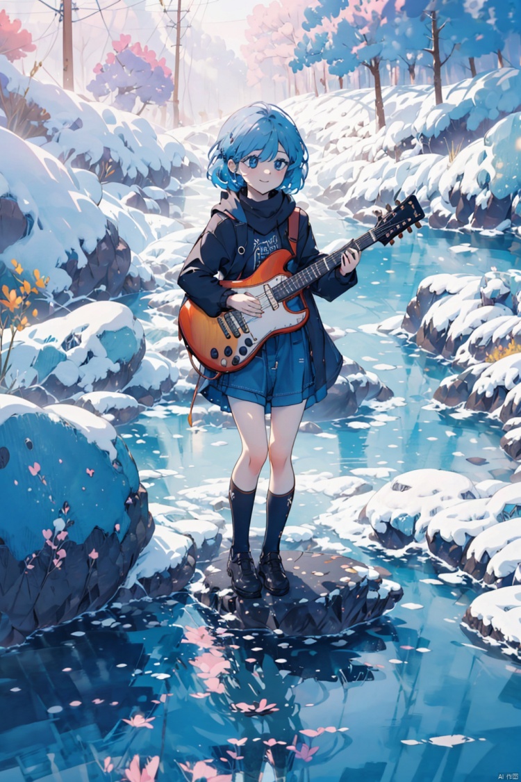 a girl, full body photo, standing, pompous action, rock, talking about the guitar, happy, happy, positive perspective,(best quality), ((masterpiece)), (highres), extremely detailed 8K wallpaper