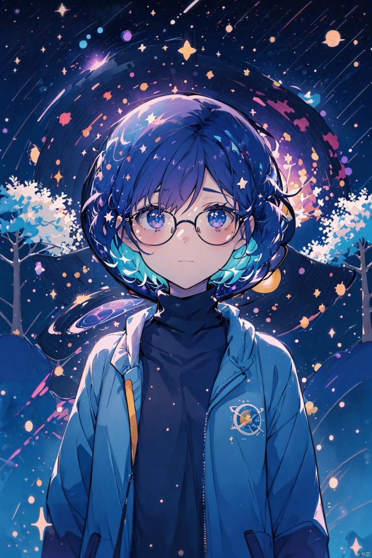 Children's picture book style,female character,galaxy-themed clothing,turtleneck sweater,glasses,short hair,blue hair with a hint of purple,big round eyes,light abstract background,stars,constellations,trees silhouettes,vibrant colors,celestial,whimsical,portrait,colorful,modern art,Illustration,