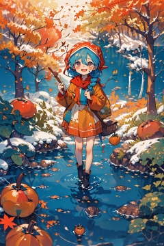 (masterpiece, best quality:1.2),illustration,4k,Autumn,first frost solar term,persimmon tree,covered with persimmons,persimmons with frost,a little girl Magic wand in hand,Beautiful little elves flying around,she wore two braided hair,wearing a headscarf,wearing a long skirt,wearing a red scar,eyes big,red face,laughing eyes on covered is young on,narrowed into a sea am,the picture warm tone,warm,beautiful background colorful background forest background,