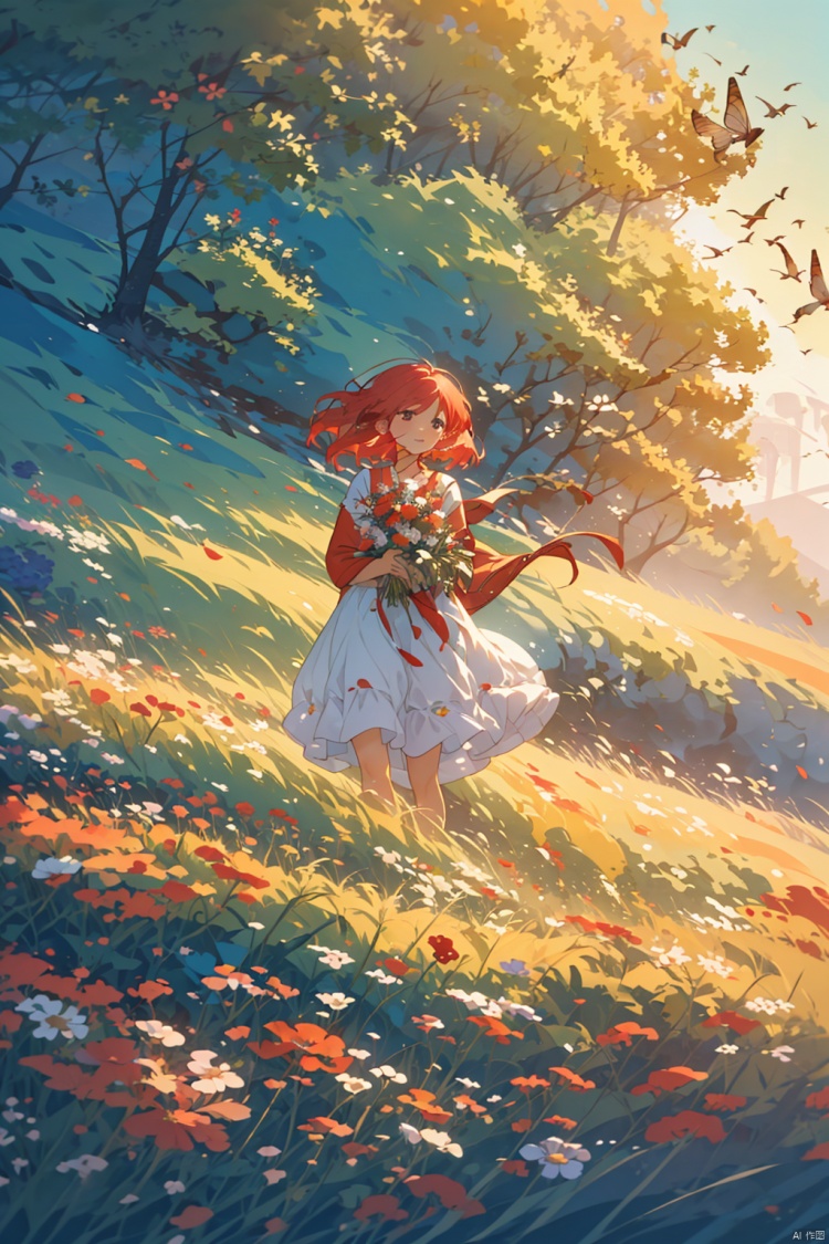 a girl with bright red hair,wearing a sundress and holding a bouquet of wildflowers,standing in a field of tall grass with a soft breeze blowing through,close up. BREAK the scene should capture the whimsical and carefree style of Sakimichan,with a sense of peace and tranquility in the air.,CGArt Illustrator,CJ painting,