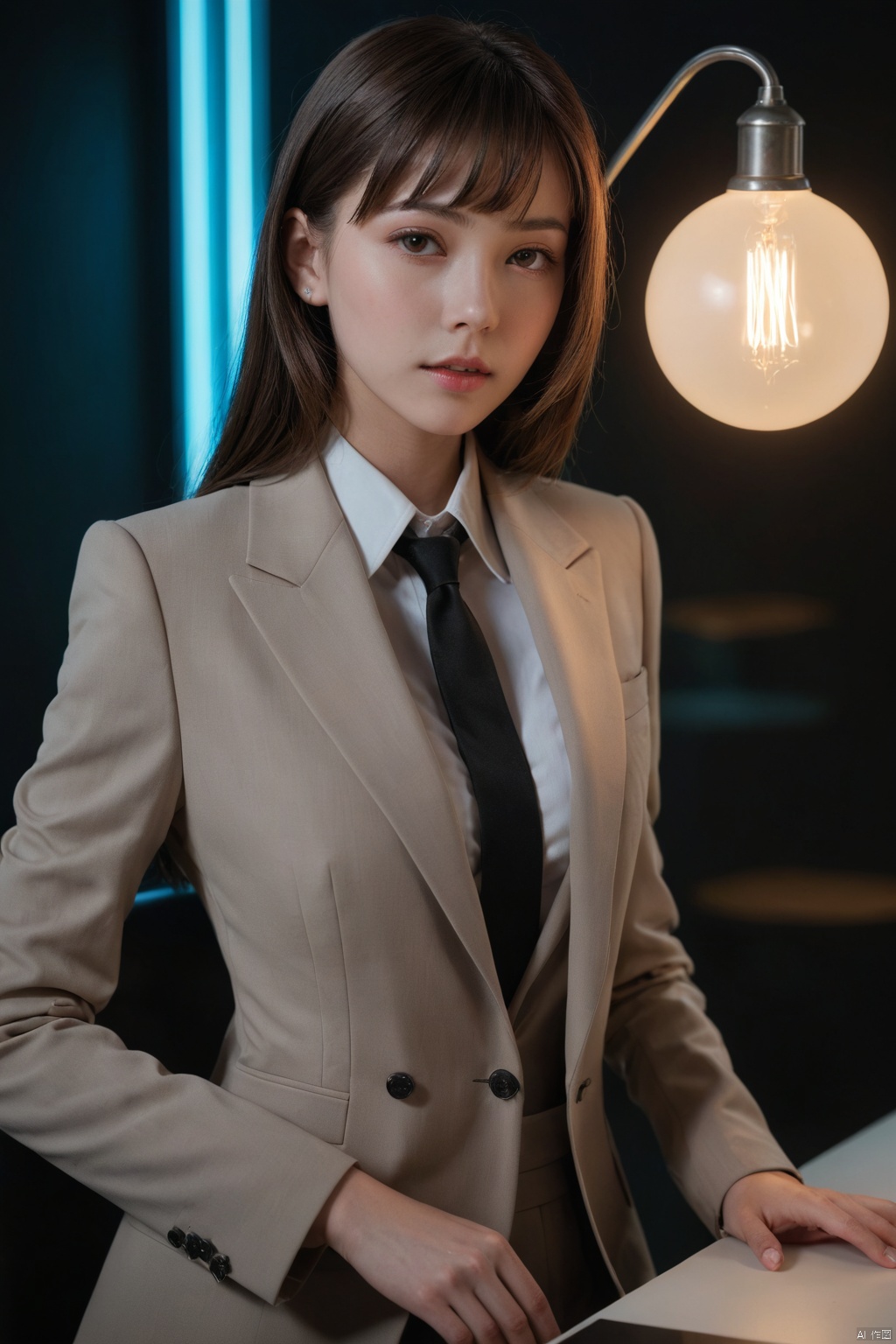 photorealistic,portrait of hubggirl, 
(ultra realistic,best quality),photorealistic,Extremely Realistic, in depth, cinematic light,

1girl, solo, looking at viewer, neon lamp (loanword),
model pose, beautiful supermodel, long stylish haircut,  classic suit, hourglass figure,

perfect lighting, vibrant colors, intricate details, high detailed skin, pale skin, intricate background, 