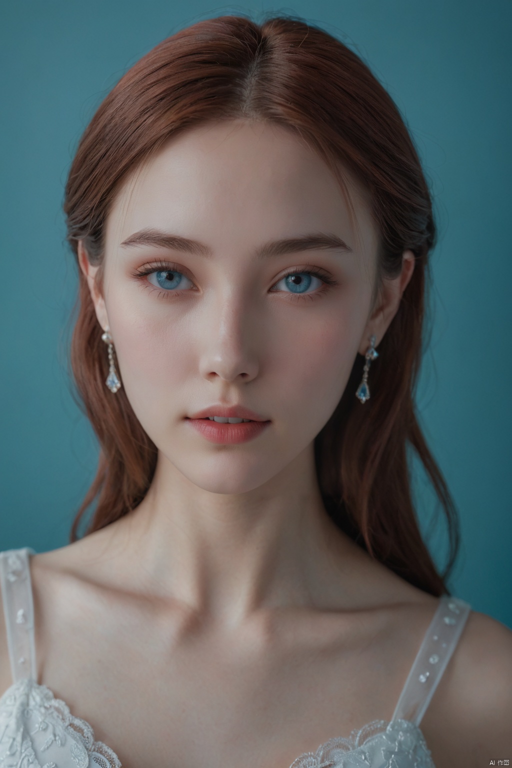 photorealistic,portrait of hubggirl, 
(ultra realistic,best quality),photorealistic,Extremely Realistic, in depth, cinematic light,

1girl, solo, looking at viewer, white dress, jewelry, earrings, blue background, red and cyan theme,

perfect lighting, vibrant colors, intricate details, high detailed skin, pale skin, intricate background, realism,realistic,raw,analog,portrait,photorealistic, taken by Canon EOS,SIGMA Art Lens 35mm F1.4,ISO 200 Shutter Speed 2000,Vivid picture, 