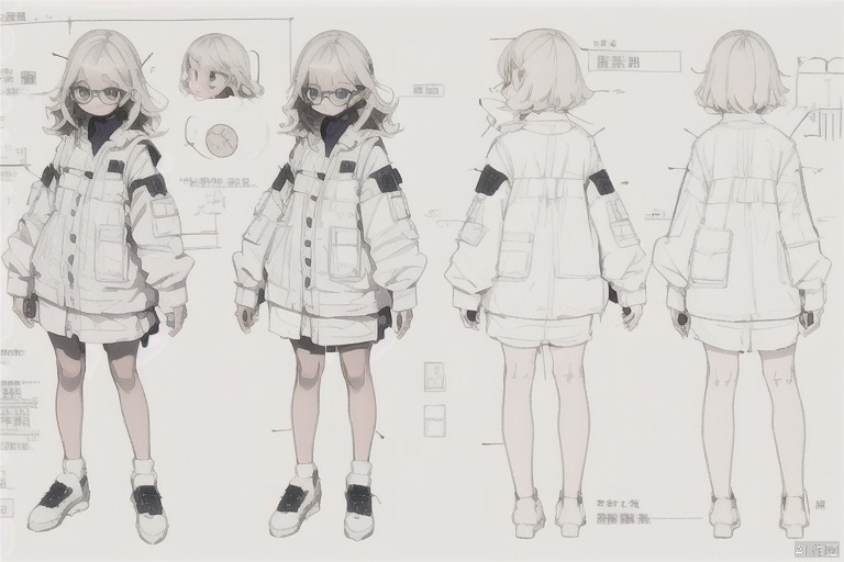 a girl , glasses, chets, Multipleparts,图解, Diagram