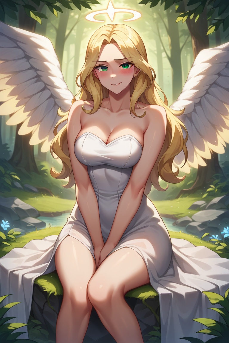 score_9, score_8_up, score_7_up,  1girl angel with 2 large angel wings and a halo, perfect curves, wearing a white dress, strapless, suggestive pose, romantic, solo, detailed eyes, looking at viewer, sitting on a rock, forest, nature, forest meadow, beautiful, looking at viewer, embarrassed, medium breasts, fantasy, from front, looking at viewer playfully, naughty, smirk, romantic, (blonde hair, mid parted hair, straight hair, long hair:1.2), pronounced blush, beautiful green eyes, d4rk01l    
