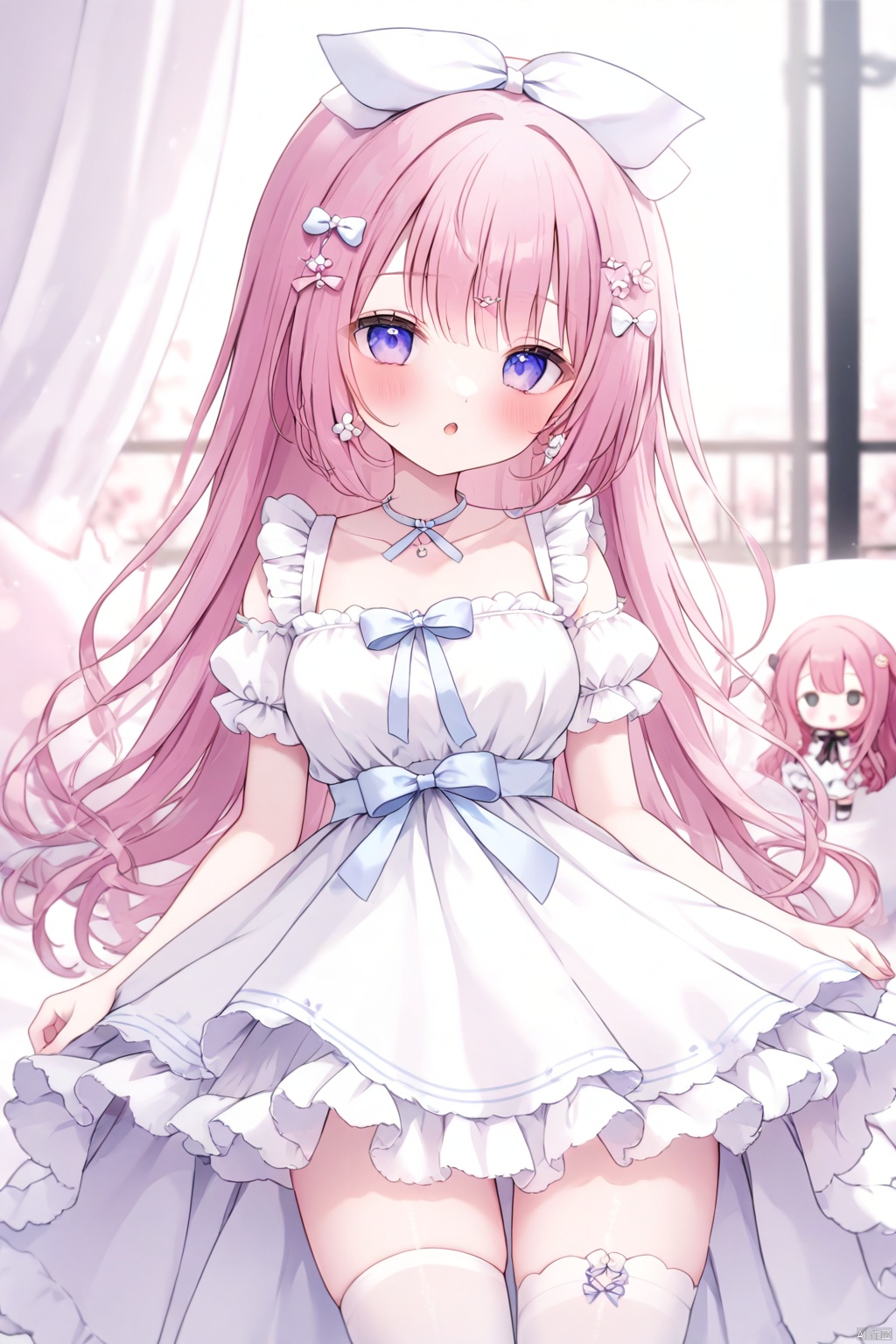 1girl, omochi_monaka, white dress, pink hair, long hair, white thighhighs, hair ornament, ribbon, bow,
shamed, blush, :o, medium breasts,
flower, white background, blurry background, depth of field,
masterpiece, best quality, doll