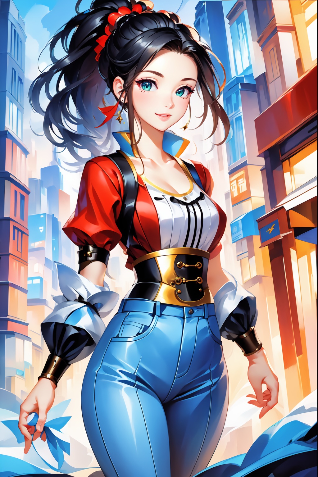Pretty and beautiful girl. She wears a very fancy summer casual outfit (jeans,  blouse). She is a very badass. Hyperdetail...