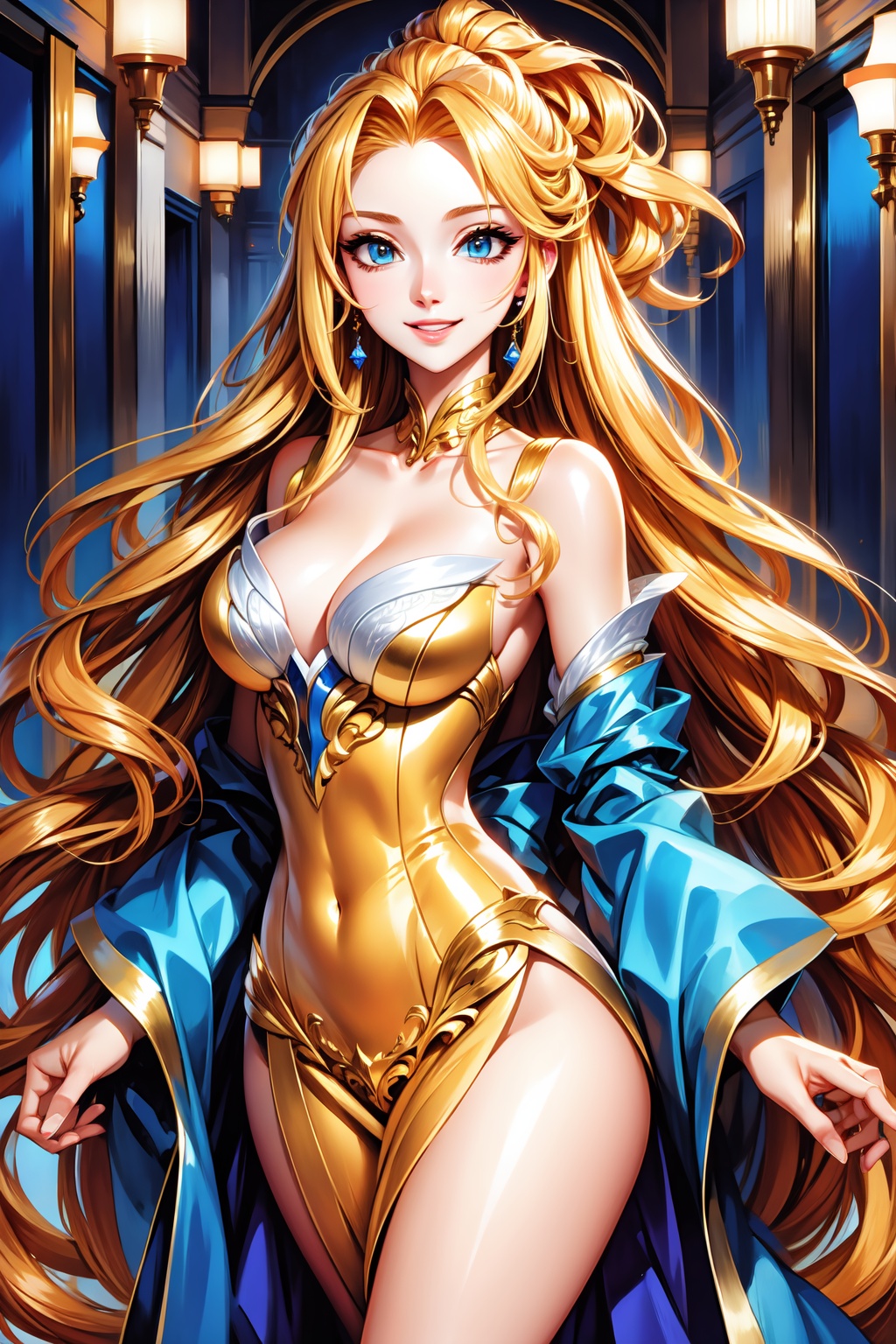 Pretty and beautiful woman. She wears a very expensive golden strapple dress. She is a very badass. Hyperdetailing masterp...