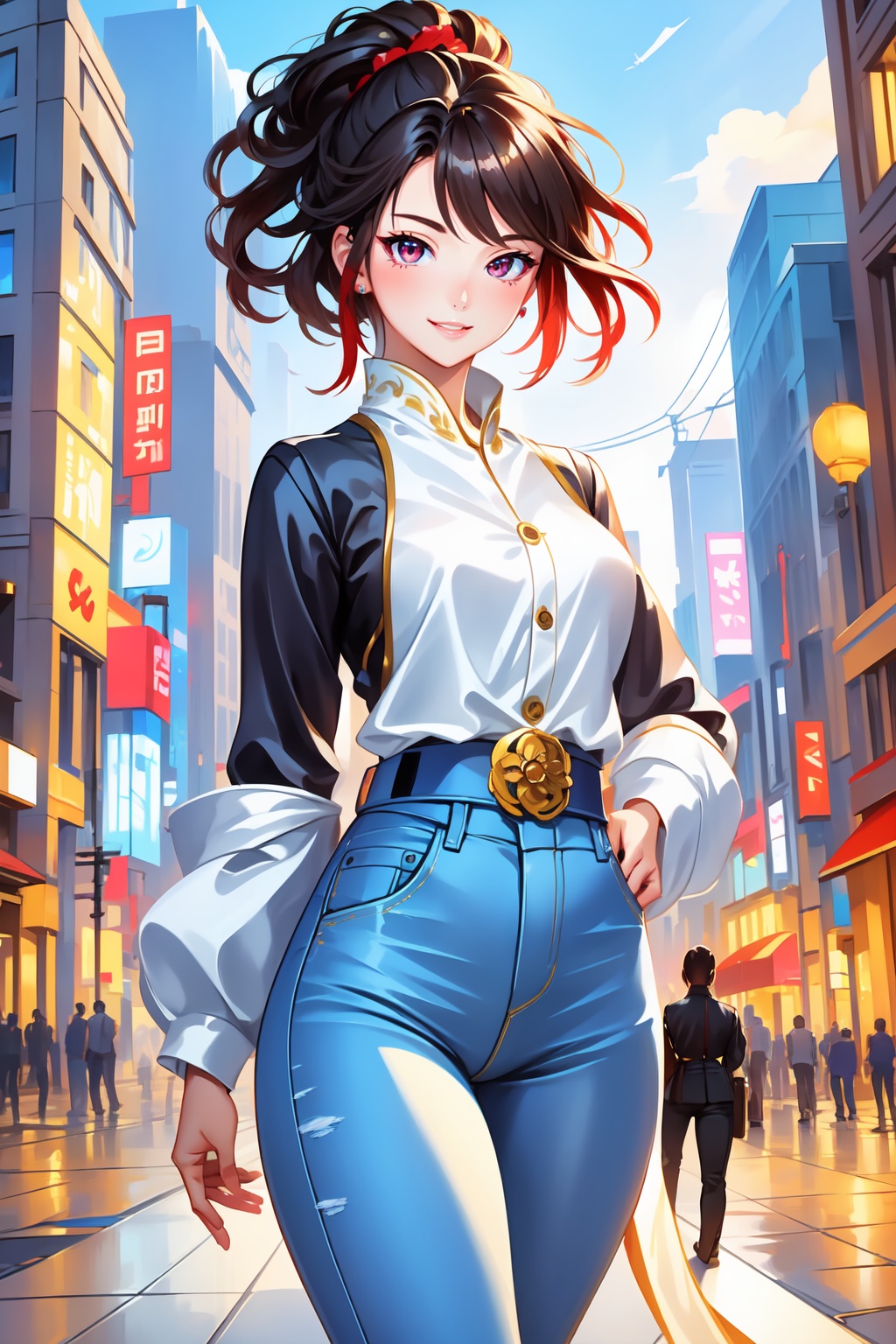 Pretty and beautiful girl. She wears a very fancy summer casual outfit (jeans,  blouse). She is a very badass. Hyperdetail...