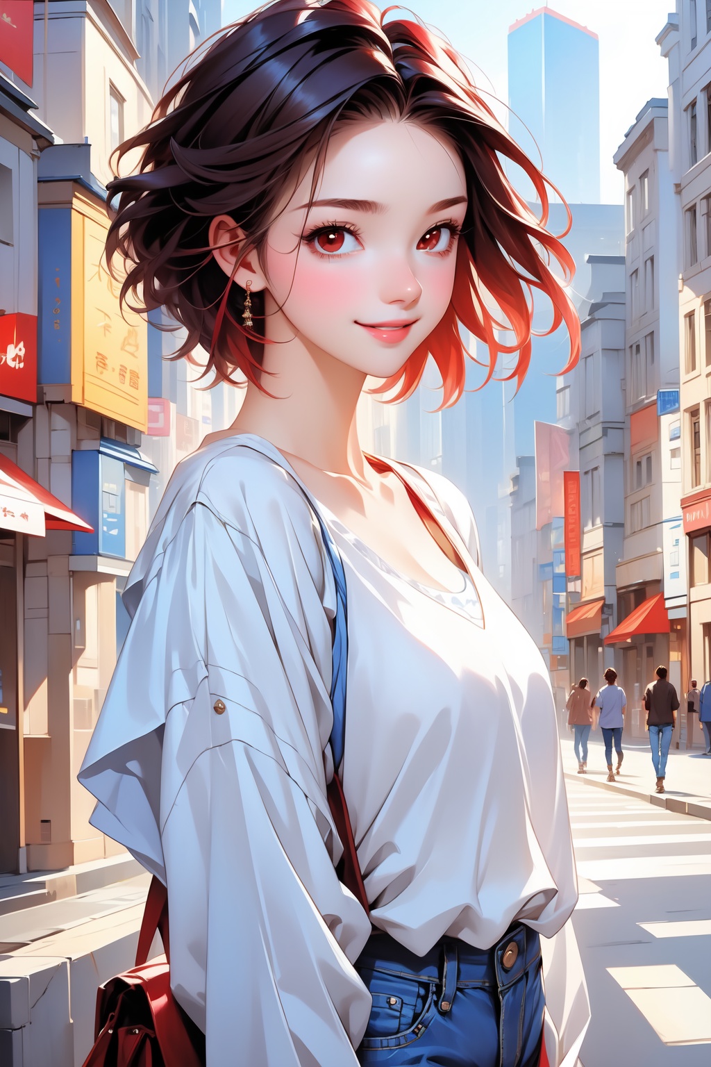 Pretty and beautiful girl. She wears a very fancy summer casual outfit (jeans,  blouse). She is a very badass. Hyperdetail...
