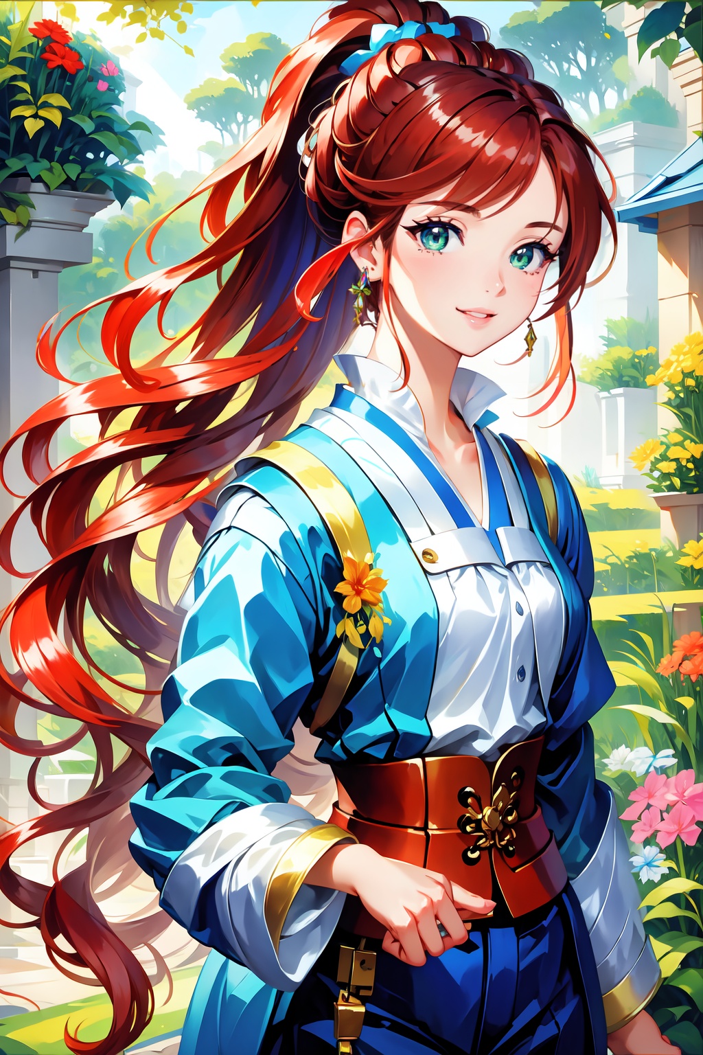 Pretty and beautiful girl. She wears a very fancy summer casual outfit (jeans,  blouse). She is a very badass. Hyperdetail...