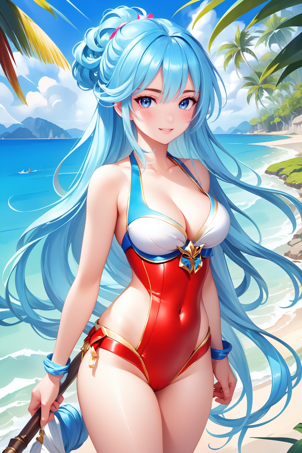 Pretty and beautiful girl. She wears a very fancy two-piece suimsuit. She is a very badass. Hyperdetailing masterpiece,  h...