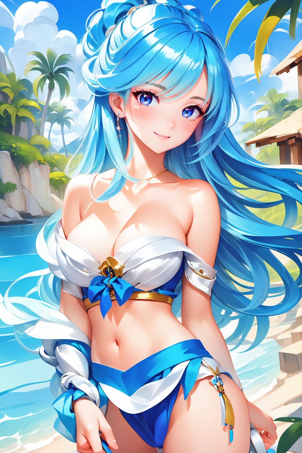 Pretty and beautiful girl. She wears a very fancy two-piece suimsuit. She is a very badass. Hyperdetailing masterpiece,  h...